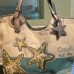 Coach Silver and Cream Tote with Starfish Design